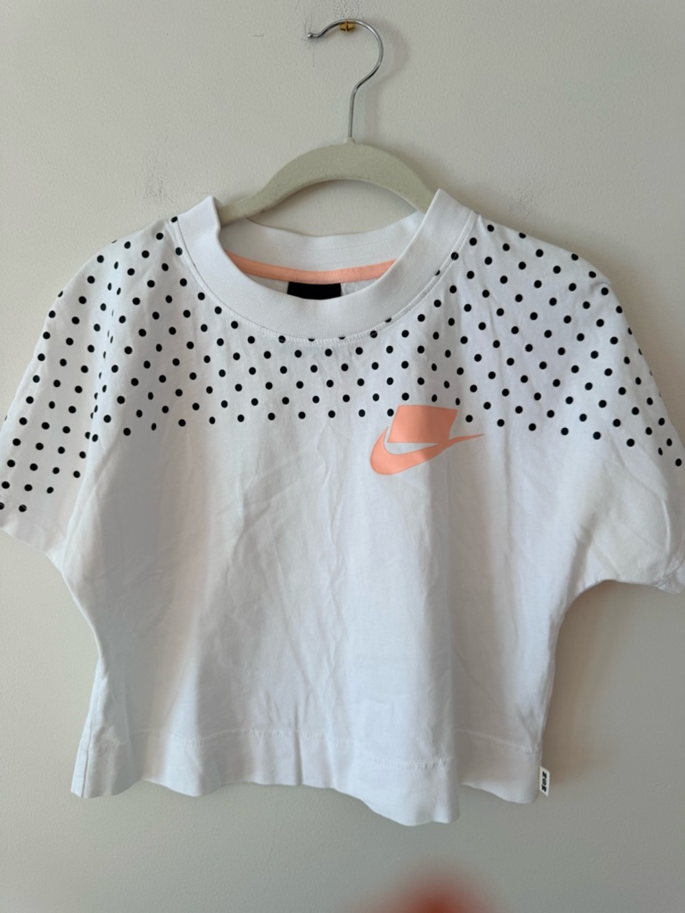 Nike White Tee with Black Polka Dots and Peach Swoosh